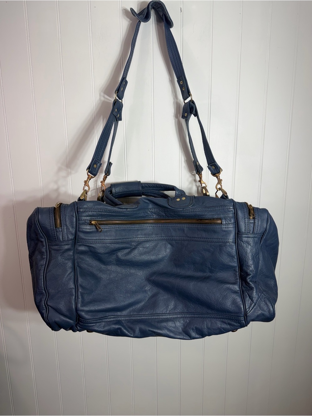 Vintage Blue Leather Weekender Duffel Travel Bag Carry-On